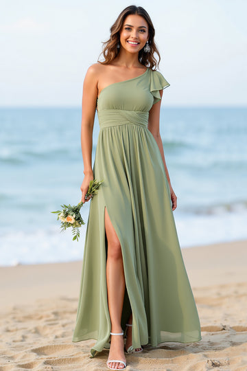 One Shoulder A Line Chiffon Dusty Sage Bridesmaid Dress